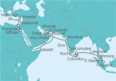 Reiseroute der Kreuzfahrt  Heraklion • Zypern • Safaga • Landprogramm Oman (5 Nächte in Salalah) • Dubai •  Indien •  Sri Lanka - Nicko Cruises