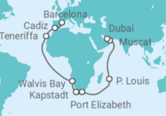 Reiseroute der Kreuzfahrt  Von Barcelona nach Dubai - Costa Kreuzfahrten