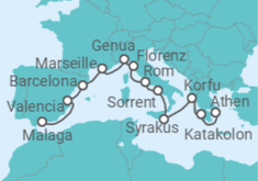 Reiseroute der Kreuzfahrt  Athen • Katakolon • Korfu • Sizilien • Sorrent • Rom • Livorno • Genua • Marseille • Barcelona • Val - Nicko Cruises