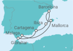 Reiseroute der Kreuzfahrt  Mediterrane Schätze mit Gibraltar ab Barcelona - AIDA