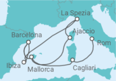 Reiseroute der Kreuzfahrt  Spanien, Frankreich & Italien mit Sonnenfinsternis - AIDA