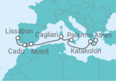 Reiseroute der Kreuzfahrt  Lissabon • Motril • Sardinien • Sizilien • Katakolon • Athen - Nicko Cruises