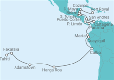 Reiseroute der Kreuzfahrt  Jamaika • Mexiko • Guatemala • Costa Rica • Panamakanal • Panama-Stadt • Ecuador • Peru • Osterinsel - Nicko Cruises