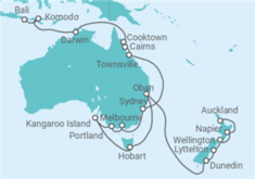 Reiseroute der Kreuzfahrt  Auckland • Neuseeland • Tasmanien • Kangaroo Island • Melbourne • Sydney • Cairns • Cooktown • Darwi - Nicko Cruises