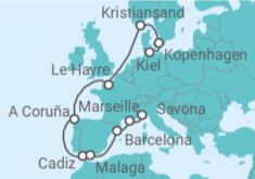 Reiseroute der Kreuzfahrt  Dänemark, Frankreich, Spanien Alles Inklusive - Costa Kreuzfahrten