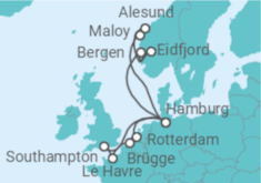 Reiseroute der Kreuzfahrt  Norwegen, Deutschland, Frankreich, Vereinigtes Königreich, Belgien, Niederlande - AIDA