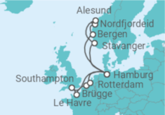 Reiseroute der Kreuzfahrt  Frankreich, Vereinigtes Königreich, Belgien, Niederlande, Deutschland, Norwegen - AIDA