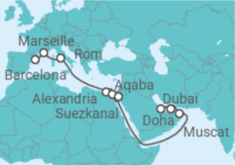 Reiseroute der Kreuzfahrt  Frankreich, Italien, Ägypten, Jordanien, Oman, Katar - MSC Cruises