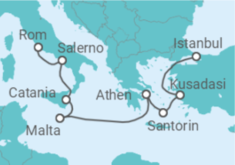 Reiseroute der Kreuzfahrt  Italien, Malta, Griechenland, Türkei - NCL Norwegian Cruise Line