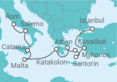 Reiseroute der Kreuzfahrt  Türkei, Griechenland, Malta, Italien - NCL Norwegian Cruise Line