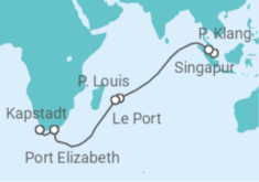 Reiseroute der Kreuzfahrt  19 Nächte - Indischer Ozean mit Mauritius - ab Singapur/bis Kapstadt - Mein Schiff