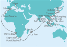 Reiseroute der Kreuzfahrt  67 Nächte - Weltentdecker-Route - ab Hongkong/bis Triest - Mein Schiff