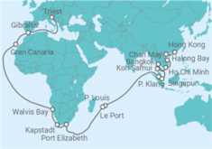 Reiseroute der Kreuzfahrt  53 Nächte - Weltentdecker-Route - ab Hongkong/bis Triest - Mein Schiff