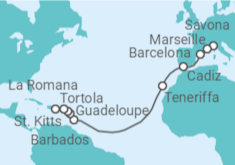 Reiseroute der Kreuzfahrt  Frankreich, Spanien, Barbados, Guadeloupe, Britische Jungferninseln - Costa Kreuzfahrten