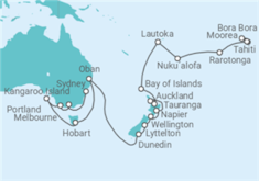 Reiseroute der Kreuzfahrt  Tahiti • Bora Bora • Cook Inseln • Tonga • Fidschi • Auckland • Neuseeland • Tasmanien • Kangaroo Is - Nicko Cruises