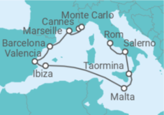 Reiseroute der Kreuzfahrt  Italien, Malta, Spanien, Frankreich - Oceania Cruises