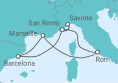 Reiseroute der Kreuzfahrt  Spanien, Frankreich, Italien - Costa Kreuzfahrten