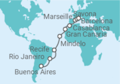 Reiseroute der Kreuzfahrt  Brasilien, Kapverden, Spanien, Marokko, Frankreich - Costa Kreuzfahrten