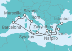 Reiseroute der Kreuzfahrt  Griechenland, Türkei, Spanien, Frankreich, Italien - Costa Kreuzfahrten