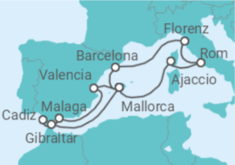 Reiseroute der Kreuzfahrt  14 Nächte - Schönheiten des westlichen Mittelmeers - ab/bis Palma - Mein Schiff