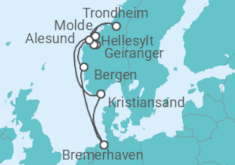 Reiseroute der Kreuzfahrt  10 Nächte - Norwegens Fjordwelten mit Trondheim - ab/bis Bremerhaven - Mein Schiff