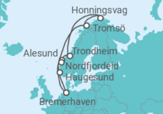 Reiseroute der Kreuzfahrt  12 Nächte - Norwegens Fjordwelten mit Nordkap - ab/bis Bremerhaven - Mein Schiff