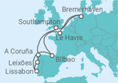 Reiseroute der Kreuzfahrt  12 Nächte - Westeuropas Vielfalt - ab/bis Bremerhaven - mit Flug - Mein Schiff