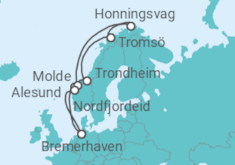 Reiseroute der Kreuzfahrt  12 Nächte - Norwegens Fjordwelten mit Nordkap - ab/bis Bremerhaven - mit Flug - Mein Schiff