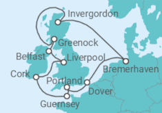 Reiseroute der Kreuzfahrt  14 Nächte - Rund um die grüne Insel - ab/bis Bremerhaven - mit Flug - Mein Schiff