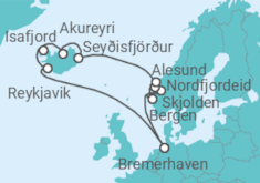 Reiseroute der Kreuzfahrt  14 Nächte - Norwegens Fjorde und Islands Naturwunder  - ab/bis Bremerhaven - Mein Schiff