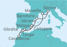 Reiseroute der Kreuzfahrt  Spanien, Marokko, Gibraltar, Frankreich, Italien Alles Inklusive - Costa Kreuzfahrten