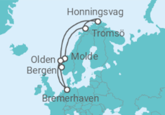 Reiseroute der Kreuzfahrt  11 Nächte - Norwegens Fjordwelten mit Nordkap - ab/bis Bremerhaven - Mein Schiff