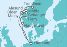 Reiseroute der Kreuzfahrt  Norwegens Fjorde mit Geiranger & Trondheim - AIDA