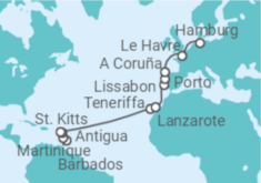 Reiseroute der Kreuzfahrt  Von Barbados nach Hamburg - AIDA