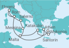 Reiseroute der Kreuzfahrt  Griechenland, Malta, Italien - NCL Norwegian Cruise Line