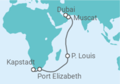 Reiseroute der Kreuzfahrt  Südafrika, Mauritius, Oman - Costa Kreuzfahrten