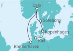 Reiseroute der Kreuzfahrt  5 Nächte - Kurzreise mit Oslo und Kopenhagen - ab Bremerhaven/bis Kiel - Mein Schiff