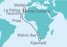 Reiseroute der Kreuzfahrt  Von Kapstadt über Namibia nach Teneriffa - AIDA