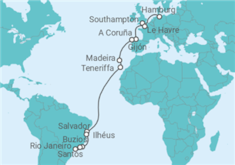 Reiseroute der Kreuzfahrt  Von Hamburg nach Santos (Brasilien) Alles Inklusive - MSC Cruises