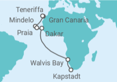 Reiseroute der Kreuzfahrt  20 Nächte - Höhepunkte entlang Westafrikas Küste - ab Las Palmas/bis Kapstadt - Mein Schiff