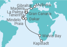 Reiseroute der Kreuzfahrt  27 Nächte - Auf Entdeckerspuren nach Südafrika - ab Palma/bis Kapstadt - Mein Schiff