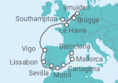 Reiseroute der Kreuzfahrt  Von Southampton (England) nach Barcelona - NCL Norwegian Cruise Line