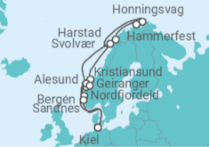 Reiseroute der Kreuzfahrt  Kiel • Bergen • Nordfjordeid • Kristiansund • Lofoten • Nordkap • Hammerfest • Harstad • Ålesund • G - Nicko Cruises