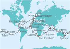 Reiseroute der Kreuzfahrt  Holland America Weltreise 2027 - Holland America Line