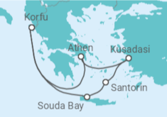 Reiseroute der Kreuzfahrt  Griechenland, Türkei - mit Flug - AIDA
