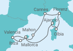 Reiseroute der Kreuzfahrt  Mittelmeerinseln mit Sonnenfinsternis ab Mallorca - mit Flug - AIDA