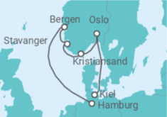 Reiseroute der Kreuzfahrt  Südnorwegen von Hamburg nach Kiel - AIDA