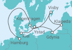 Reiseroute der Kreuzfahrt  Kiel • Ystad • Danzig • Klaipeda • Gotland • Kopenhagen • Hamburg - Nicko Cruises