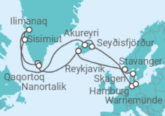 Reiseroute der Kreuzfahrt  Island & Grönland von  Hamburg nach Warnemünde - AIDA
