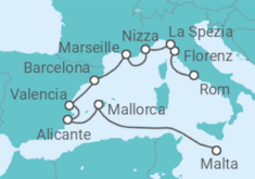 Reiseroute der Kreuzfahrt  Italien, Frankreich, Spanien - Oceania Cruises